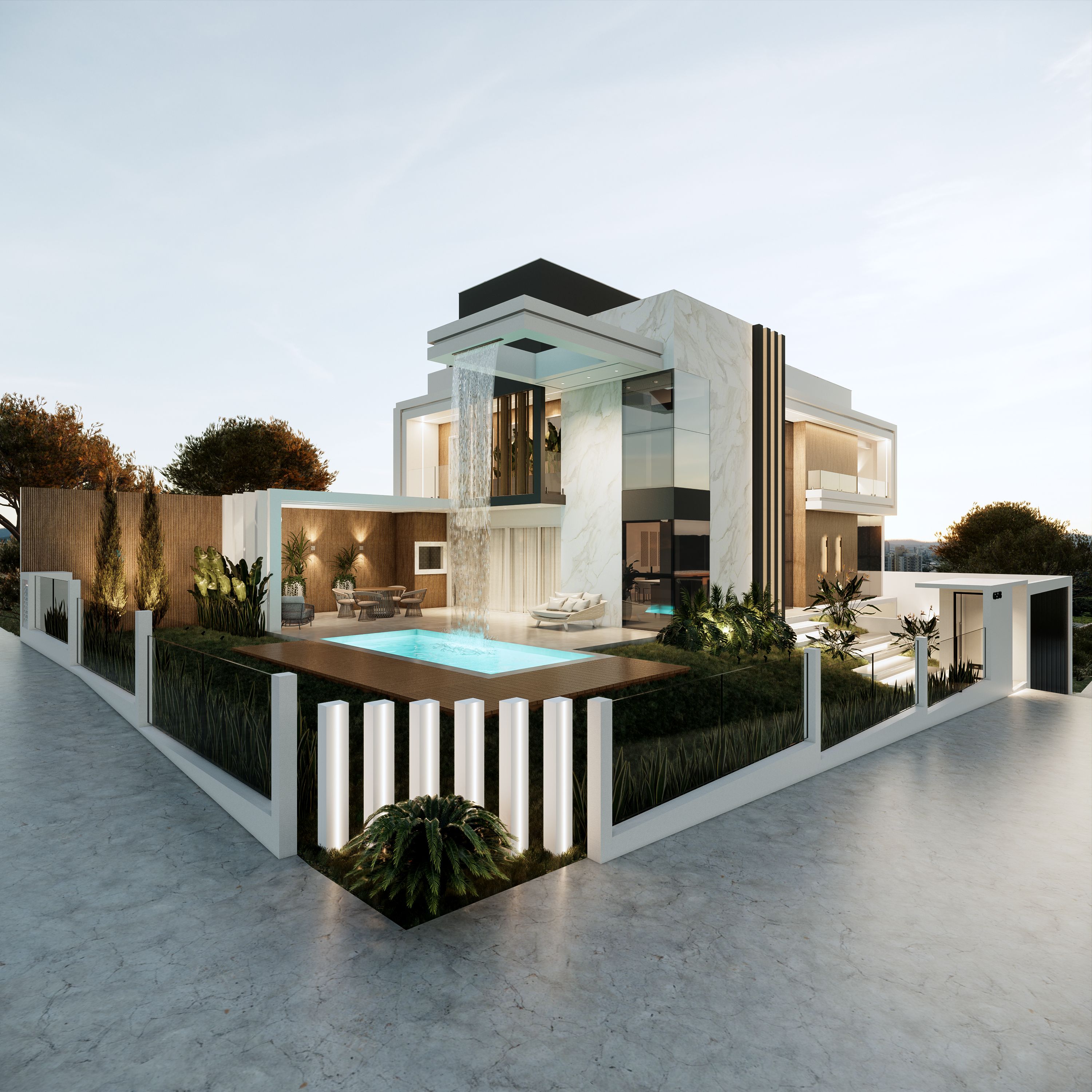 Residencia moderna de lujo con alberca y fachada iluminada al atardecer